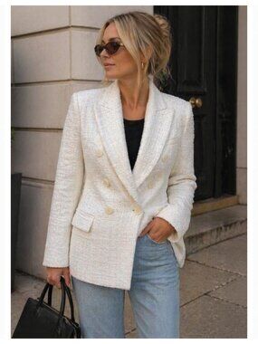 ZARA Double Breasted Off White Tweed Blazer